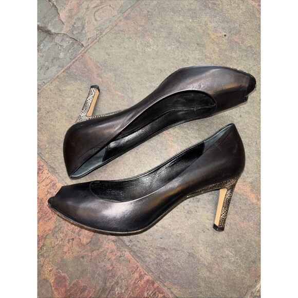 Max Mara Black Leather Peep Toe Pumps 3” Silver Heel 8 38.5 Italy Women - Picture 1 of 12